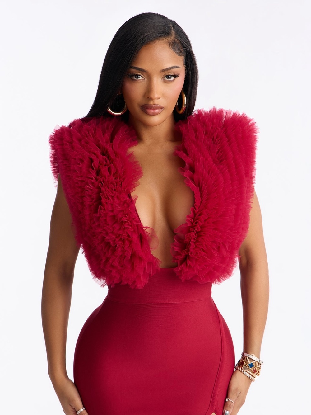 Saidee Bandage Fluff Midi Dress - Wine